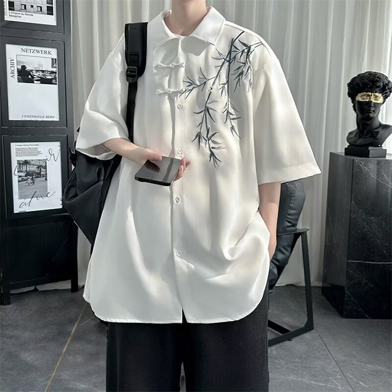 C296-P35 新中式风盘扣刺绣短袖衬衫男装高级感唐装外穿衬衣图片