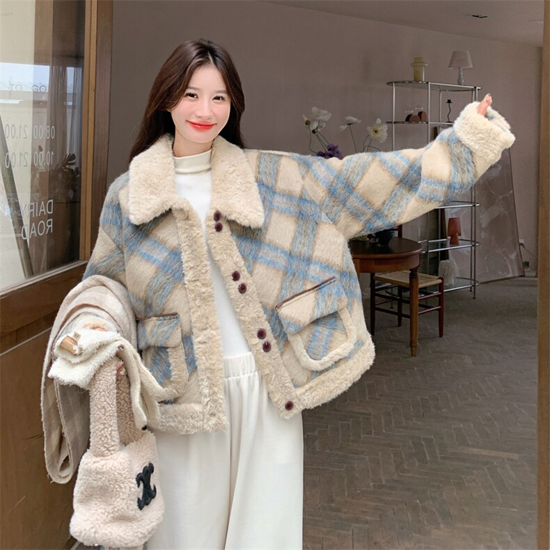 新款加厚-毛呢拼色复古翻领格子外套190-5069-P180-K248,女装毛呢外套,2B190