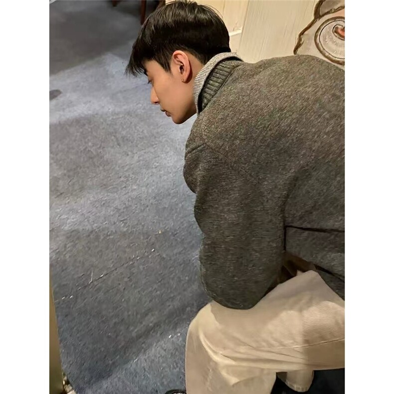 美式复古假两件v领毛衣男款冬季翻领老钱风针织衫上衣外套MY5012,男装针织衫/毛衣,星座208-5