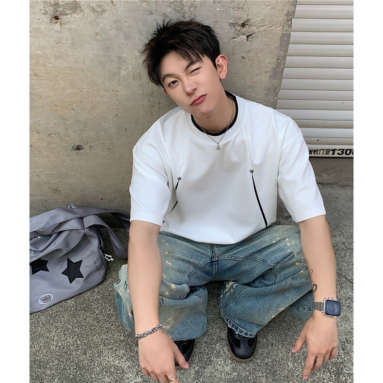 曼巴棉拼接撞色破缝解构铆钉设计感夏季短袖T恤男D424 特P30图片