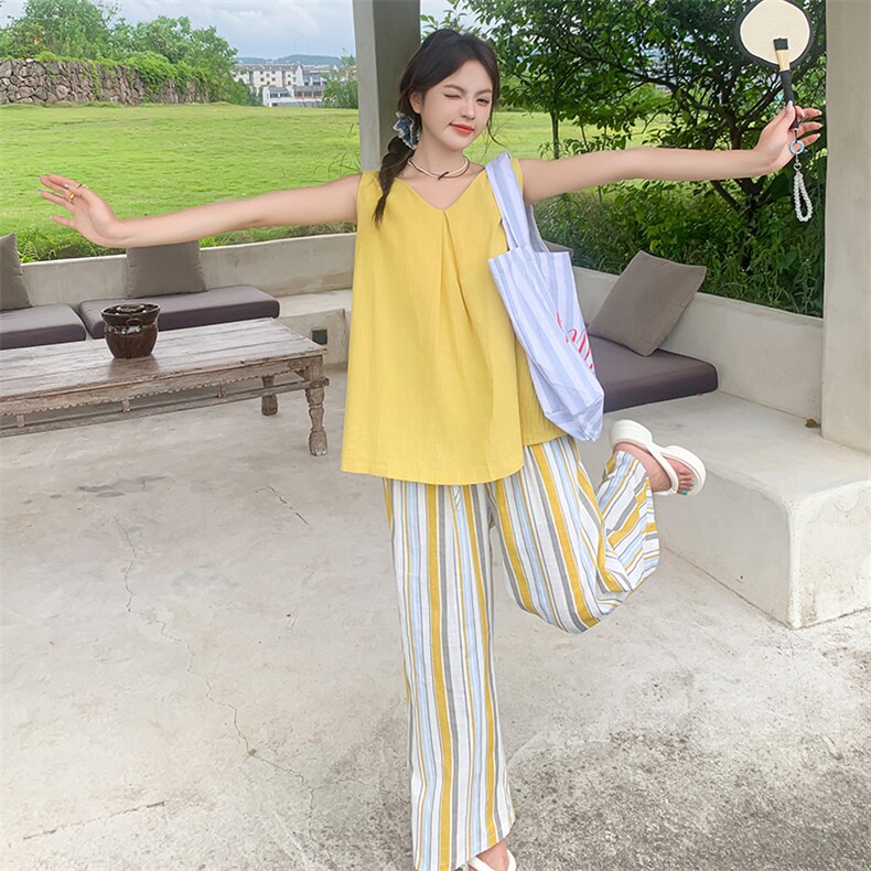 多巴胺黄色无袖背心娃娃衫套装夏季2025时尚减龄条纹阔腿裤两件套,女装套装/套裙,2C133