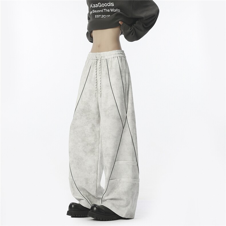 拼接反光条设计阔腿弯刀直筒裤大码M-5XL潮牌卫裤WK78065P68控108，男装休闲裤，星座226-1