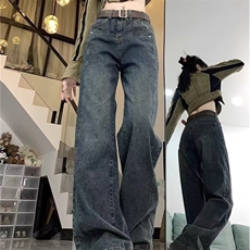 黑灰色阔腿牛仔裤女直筒显瘦高腰春秋冬加绒加厚百搭牛仔裤NR141，男装牛仔裤，星座302B-2