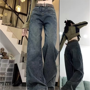 黑灰色阔腿牛仔裤女直筒显瘦高腰春秋冬加绒加厚百搭牛仔裤NR141图片