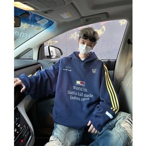 潮美式旗帜连帽卫衣男秋季vintage潮牌复古三条杠宽松套图片