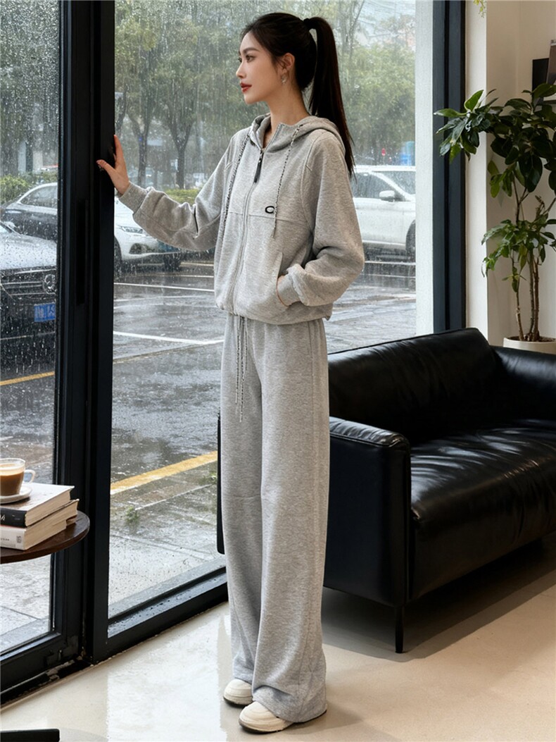 设计高级感休闲运动套装女春季新款气质减龄连帽卫衣阔腿裤两件套,女装套装/套裙,江南