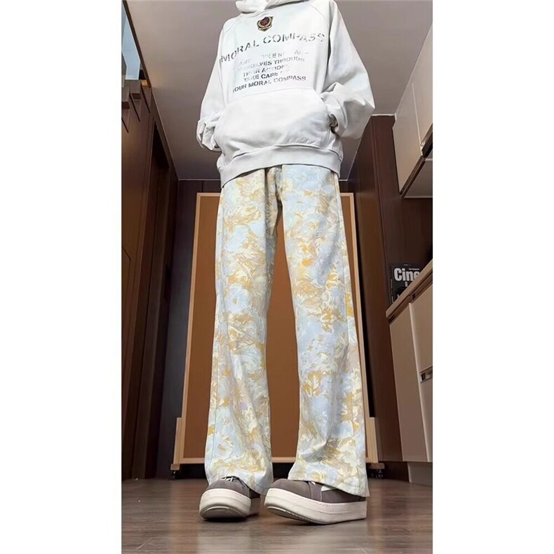 美式vibe扎染满印牛仔裤男款cleanfit潮牌水洗弯刀裤直筒微喇长裤图片