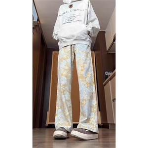 美式vibe扎染满印牛仔裤男款cleanfit潮牌水洗弯刀裤直筒微喇长裤图片