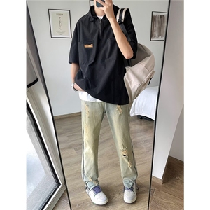 连帽短袖T恤男款夏季日系口袋工装上衣宽松五分袖卫衣 TW1269图片