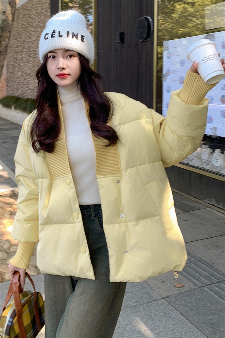 独特漂亮超好看v领短款羽绒服女冬2024年新款小众多巴胺黄色外套,女装羽绒服,浙宝305