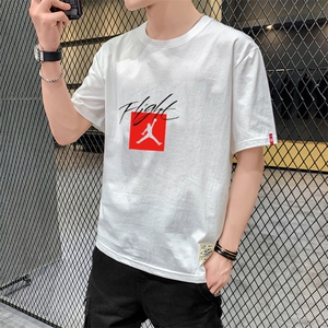 夏季港风大码宽松印花短袖T恤男圆领篮球中袖卫衣模白T9558图片