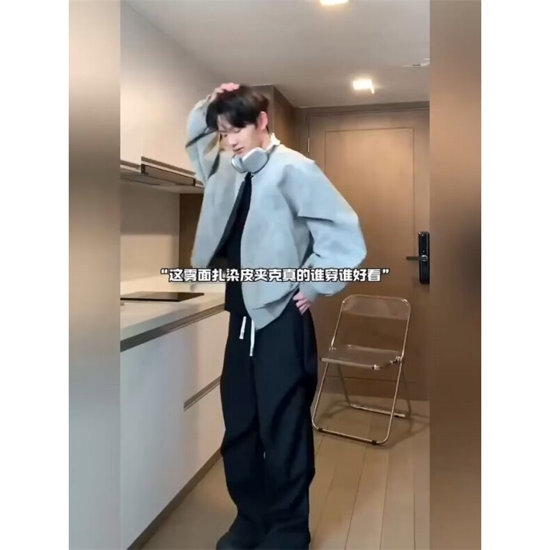 美式复古麂皮绒夹克男春季户外防风防水机车外套高级感皮衣棒球服图片