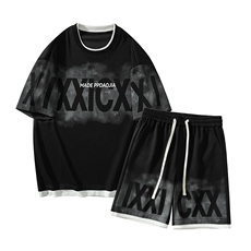 特批P50无差价夏季假菠萝格假两件字母印花拼色五分套装男TZ322，男装休闲套装，电商A001