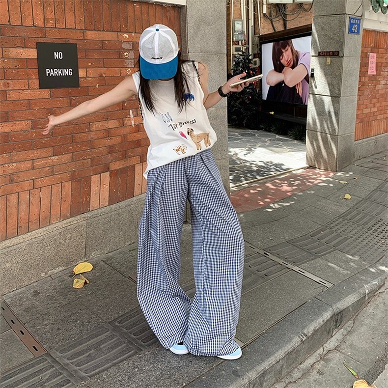 蓝色韩版木耳边格子休闲裤女2025夏季新款直筒高腰显瘦宽松阔腿裤图片