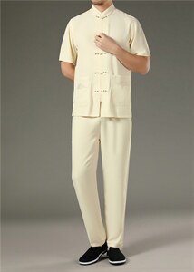中老年亚麻套装高档唐装夏太极服中式刺绣立领短袖上衣风套装,男装中老年男装,钱塘723