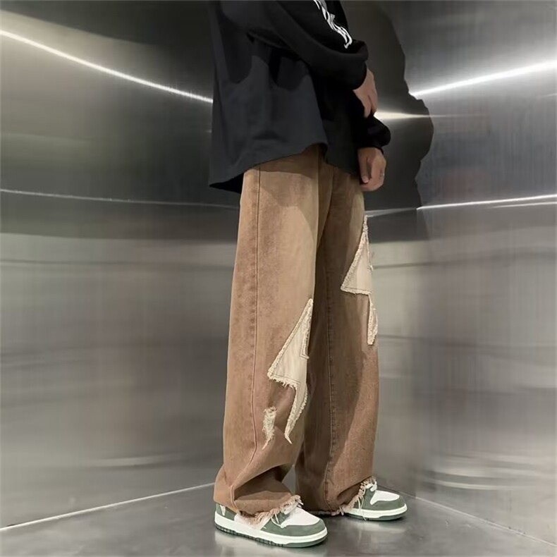 美式棕色裤子牛仔裤男潮牌水洗直筒裤刺绣设计感高街N0558-P45,男装牛仔裤,星座308B-2