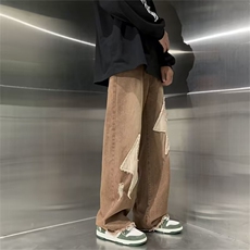 美式棕色裤子牛仔裤男潮牌水洗直筒裤刺绣设计感高街N0558-P45，男装牛仔裤，星座308B-2