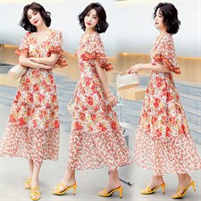 碎花连衣裙中长款女2024年夏季新款收腰显瘦蚕丝皱气质淑女印花裙，女装连衣裙，妙形