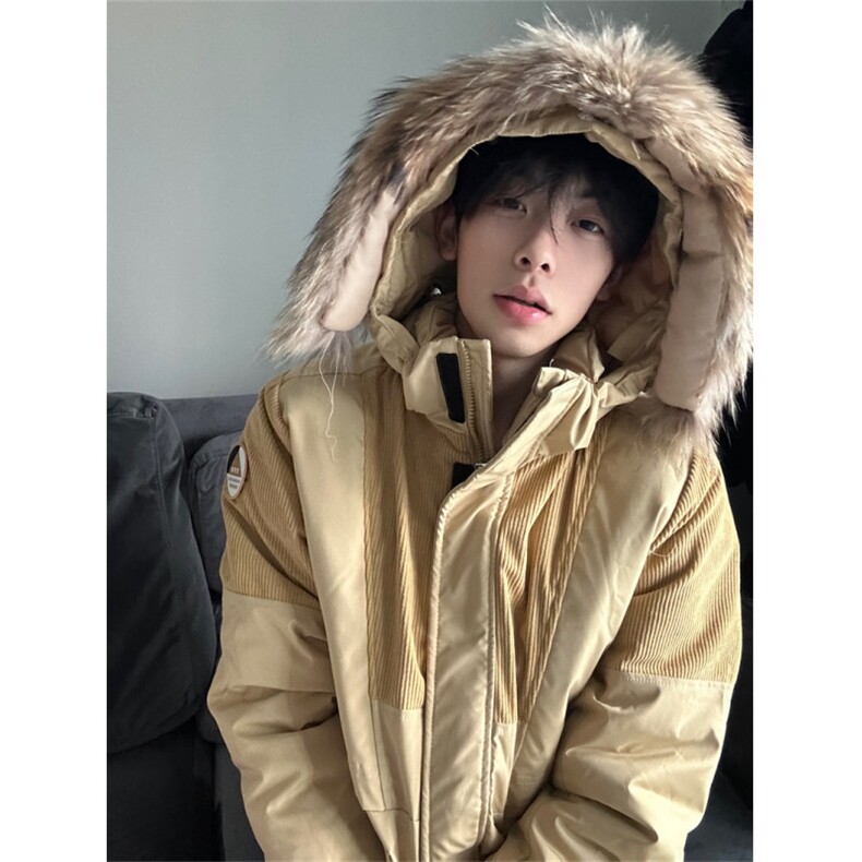 A296-P148冬季可拆卸毛领棉服灯芯绒拼接连帽工装上衣棉衣,男装棉衣,星座911