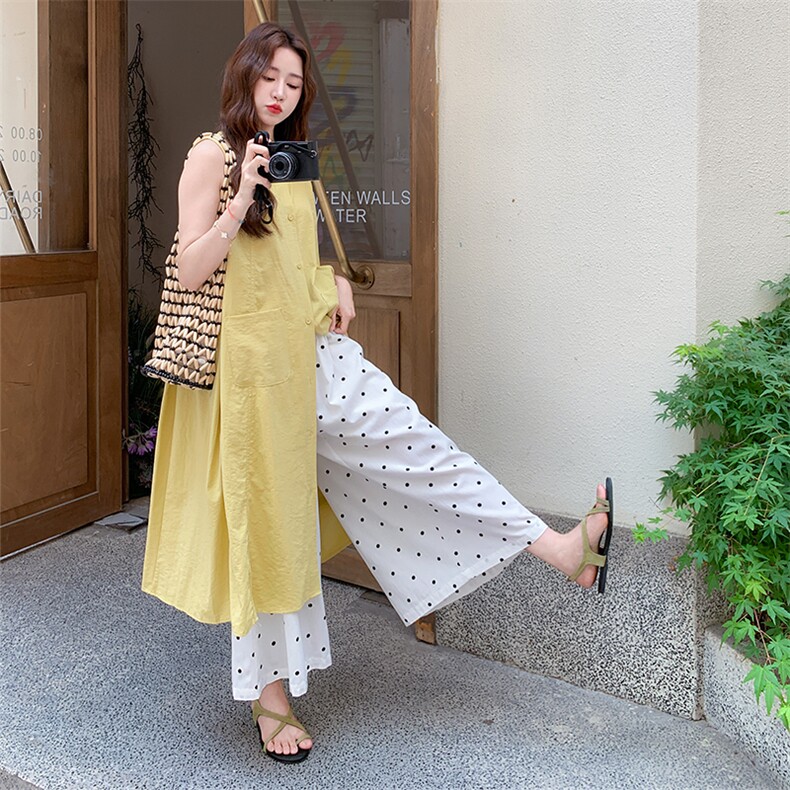 韩里韩气穿搭套装女夏季2025新款黄色无袖衬衫裙叠穿阔腿裤两件套,女装套装/套裙,1D066-1