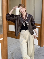 棕色复古美拉德短款皮衣外套女2025秋小个子又酷又飒圆领PU皮夹克，女装皮衣，慧尚2-185