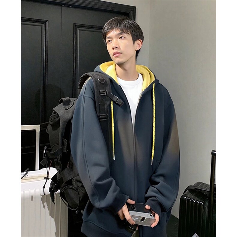 抖音得物二开美式高街重磅结构双层撞色连帽卫衣开衫外套W116,女装短外套,电商A486-1