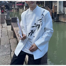 新中式男装风独特小西服高级感痞帅中山装水墨竹子斜襟盘扣外套，男装西服，星座601-1