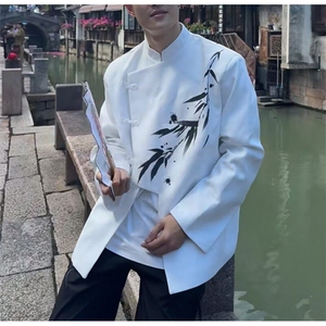 新中式男装风独特小西服高级感痞帅中山装水墨竹子斜襟盘扣外套图片