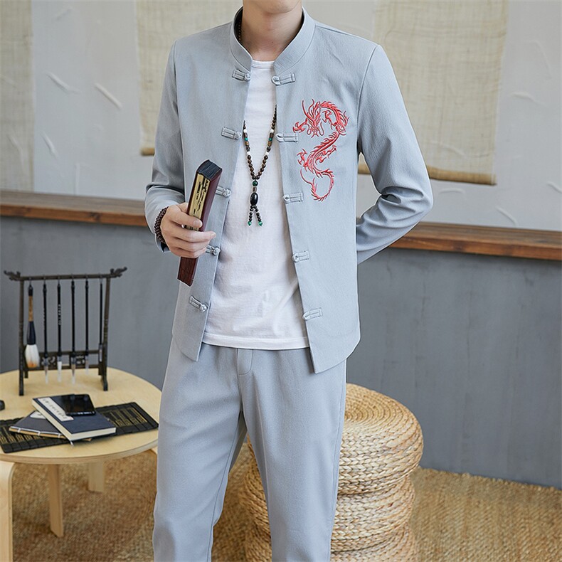 夹克套装男士修身立领一套衣服中国风刺绣休闲男两件套YK807-P100,男装夹克,星座509