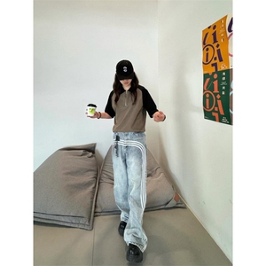 【有货】三条杠牛仔裤男美式复古hiphop裤子高街直筒R951LL-特P48图片