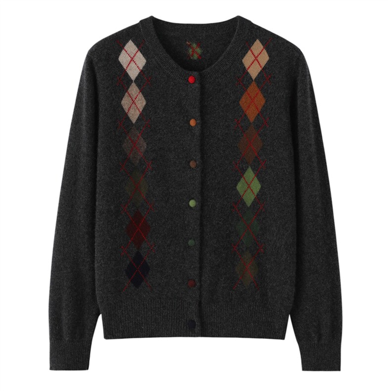 2026年秋季时尚百搭通勤简约休闲嵌花开衫，女装羊绒衫，东业羊绒