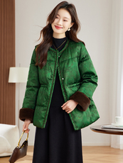 今年流行新年红国风提花羽绒服女2025冬季新款拼接毛绒收腰防寒服，女装棉衣/棉服，新依时派