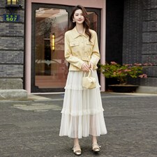 现货2026年春季新款女时尚潮流优雅风小外套皮衣蕾丝半身裙两件套，女装套装/套裙，奋斗女王