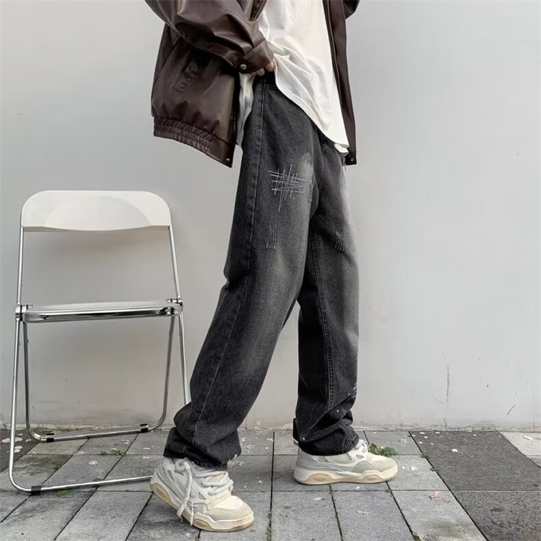 美式高街复古牛仔裤男刺绣印花阔腿宽松直筒拖地裤子RK1226-P41,男装牛仔裤,星座412-3