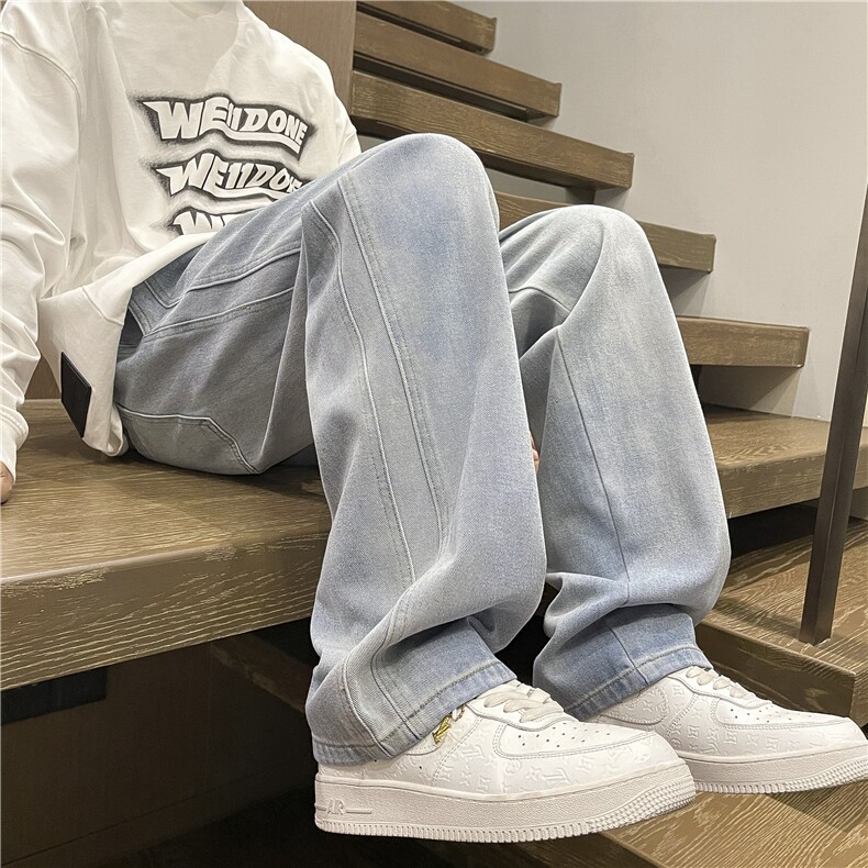 新款复古渐变牛仔美式宽松潮牌直筒拖地牛仔裤K861特批43,男装牛仔裤,星座718-1