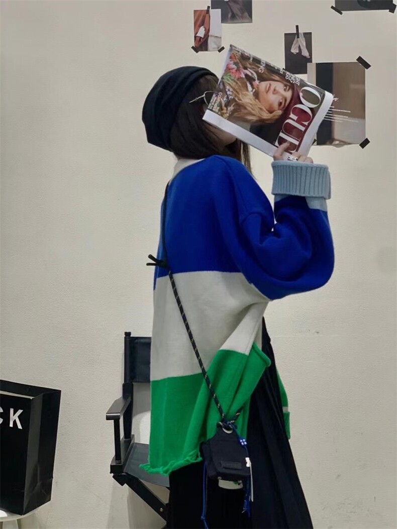 撞色不规则毛衣开衫，女装针织衫/毛衣，Queena PHoebe