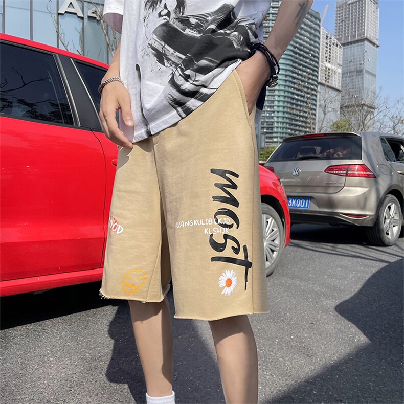 港风沙滩短裤男夏季ins潮流小雏菊字母印花五分裤DK671P45控68,男装休闲裤,电商A089-1