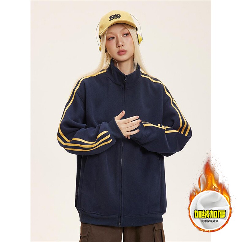 480G重磅加绒硬挺boxy男女秋冬美式高街三条杠立领卫衣开衫厚外套，女装短外套，电商A486