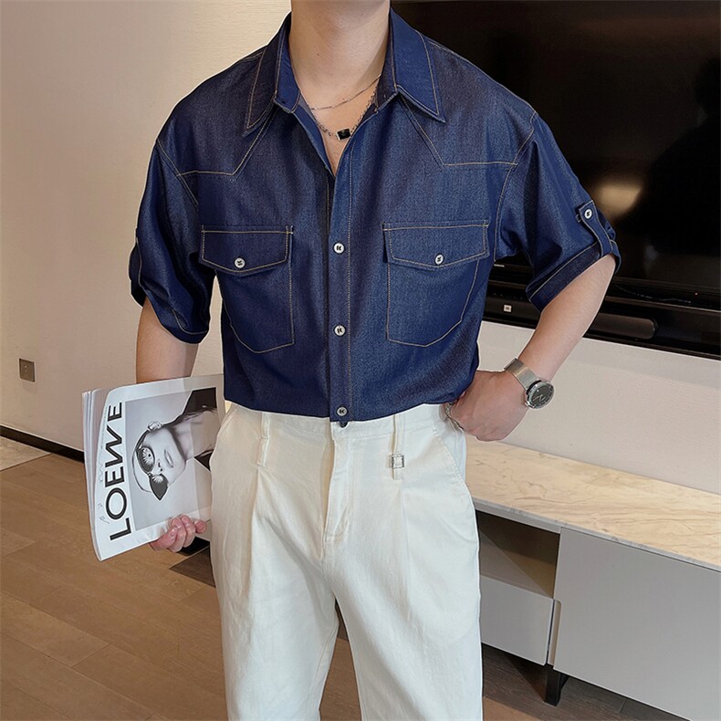 夏季新款垂感抗皱天丝牛仔短袖衬衫男宽松痞帅半袖衬衣CS871-P68,男装T恤,电商B267