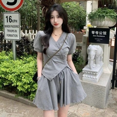 两件套不规则V领短袖T恤夏季韩版新款修身显瘦抽绳短款套装女,男装T恤,星座506A