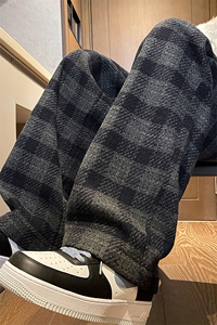 8XL-M 特大码加厚毛呢料格子休闲裤宽松直筒长裤子男裤毛呢裤K946图片