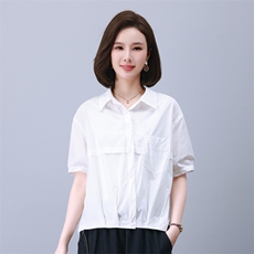 时尚宽松休闲抽绳上衣女短袖衬衫百搭显瘦气质衬衣，女装衬衫，叶笙衣