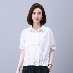 时尚宽松休闲抽绳上衣女短袖衬衫百搭显瘦气质衬衣图片