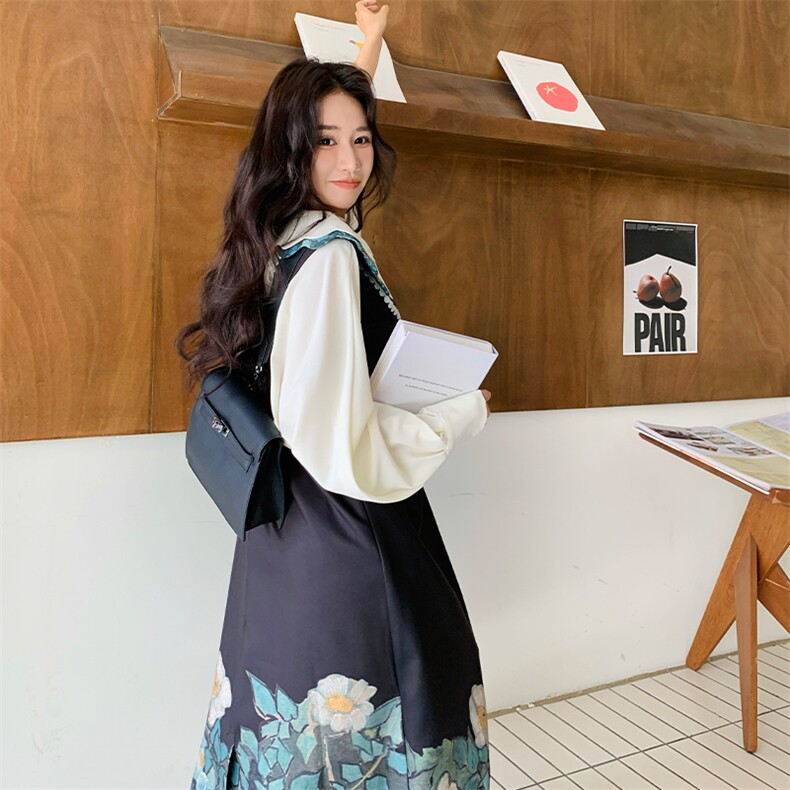 秋新款油画野玫瑰衬衫+无袖背心裙两件套2C123-QT05-P160-K240,女装连衣裙,2C123