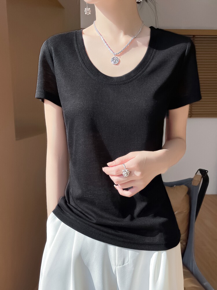 U领新款针织女短袖纯色简约百搭宽松套头,针织衫/毛衣,绒宛羊绒