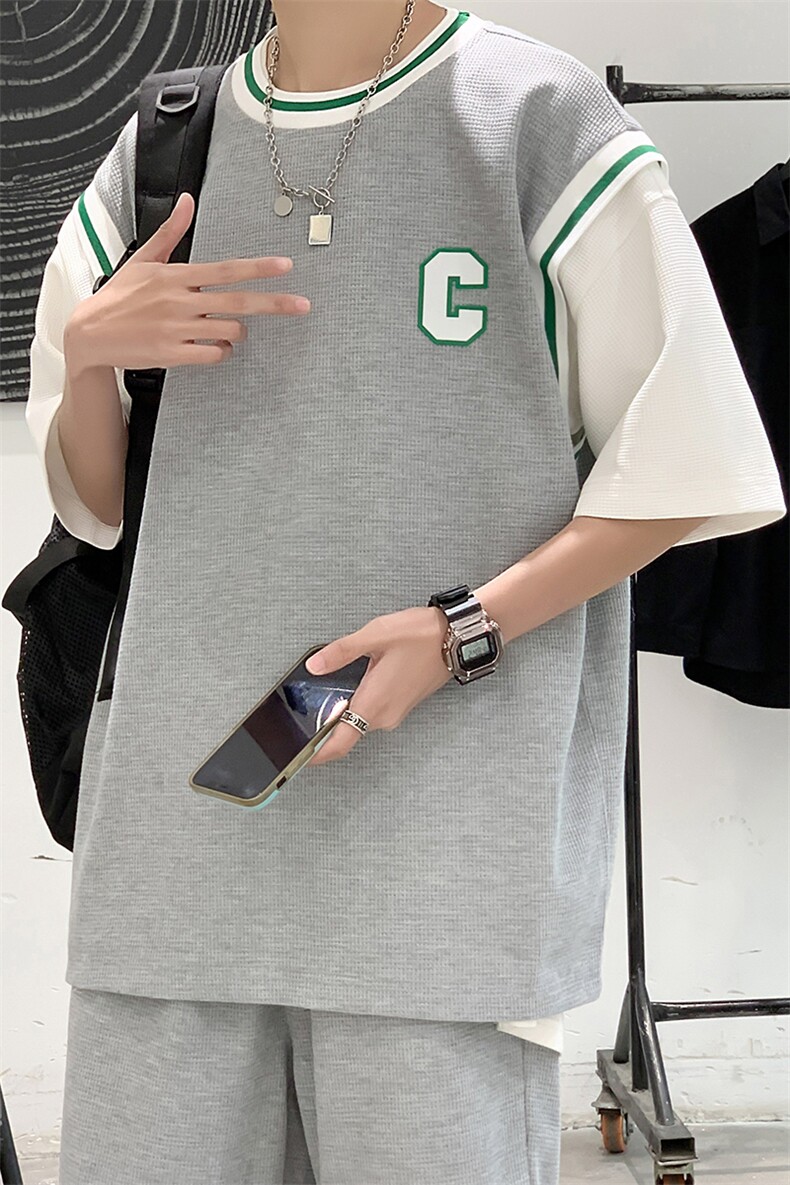 2025夏季华夫格套装男青少年两件套港风套装TZ227-P55,男装休闲套装,电商A062