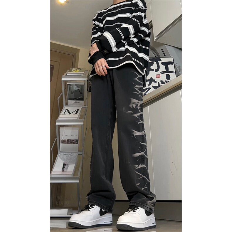1506-1/KK331/P59美式扎染黑色牛仔裤男款显瘦显腿长欧美潮牌男女,男装牛仔裤,星座1506-1