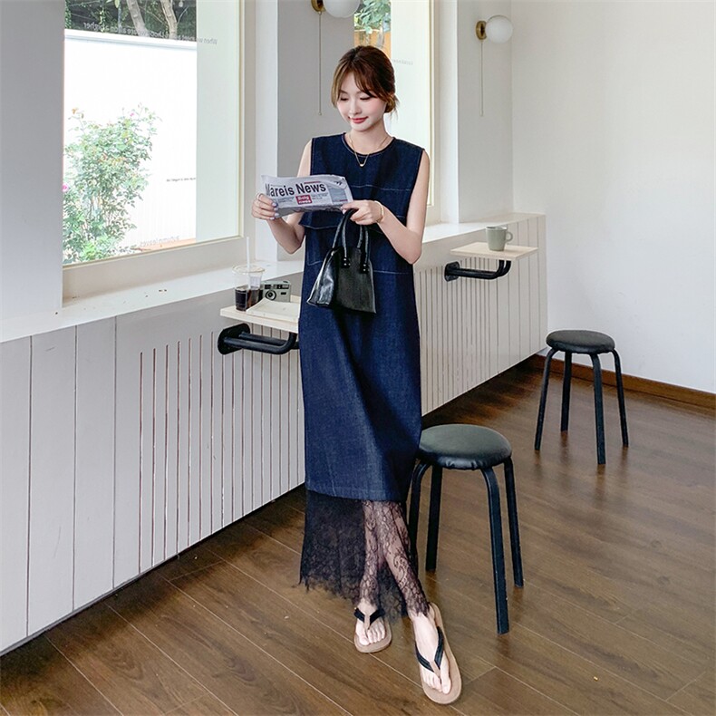 蓝色牛仔蕾丝拼接背心裙女2025夏季新款韩系高级感气质小众连衣裙图片