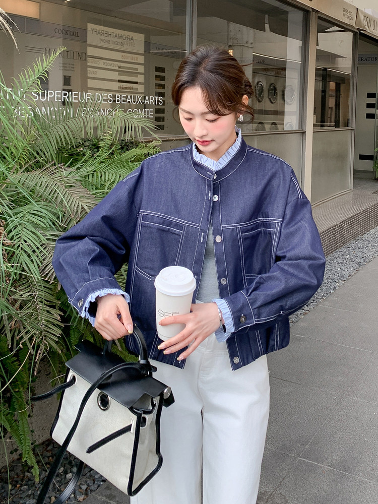 新款2026春季拼色木耳边牛仔外套6211-P145-K238,女装短外套,2C057