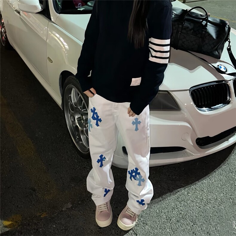 网红~十字架皮标白牛直筒百搭牛仔裤CK727/P55，男装皮裤，电商B350